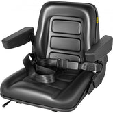 Black PVC universal forklift seat with adjustable 6-inch track, armrests, and seat belt.