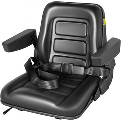 Black PVC universal forklift seat with adjustable 6-inch track, armrests, and seat belt.