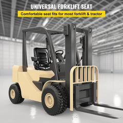 Black adjustable PVC forklift seat with armrests on a beige forklift in a warehouse.