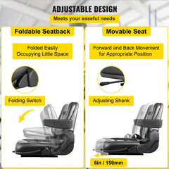 Black PVC forklift seat with foldable backrest, movable seat, armrests, and 6-inch adjustment.
