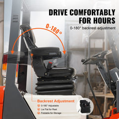 Bostome fold down forklift seat with PVC leather, adjustable backrest, and shock absorption.
