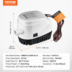 Bostome 750GPH 12V automatic submersible bilge pump with float switch and stainless steel shaft.