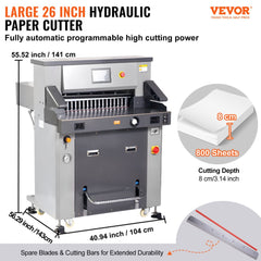 Bostome electric hydraulic paper cutter with 26-inch width, 3.14-inch thickness, and 7-inch touchscreen.