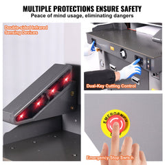 Collage of Bostome paper cutter showing double-sided infrared sensors, dual-key control, and emergency stop switch.
