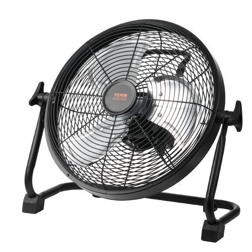 Portable 12-inch cordless floor fan with metal frame, rechargeable battery, and adjustable speed.