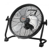 Portable 12-inch cordless floor fan with metal frame, rechargeable battery, and adjustable speed.