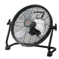 Portable 12-inch cordless floor fan with metal frame, rechargeable battery, and adjustable speed.
