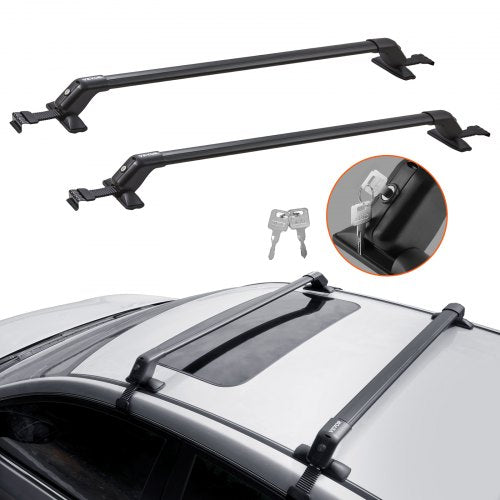 Two black aluminum roof rack crossbars are shown with keys and installed on a car roof.