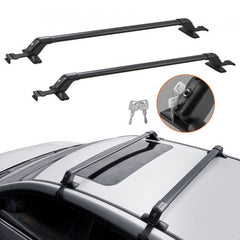 Two black aluminum roof rack crossbars are shown with keys and installed on a car roof.