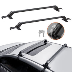 Black aluminum roof rack basket tray carrier with bars mounted on a car roof, including lock detail.
