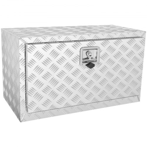 Silver diamond-plate aluminum underbody truck tool box, 30x14x16 inches, with recessed lock.