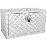 Silver diamond-plate aluminum underbody truck tool box, 30x14x16 inches, with recessed lock.