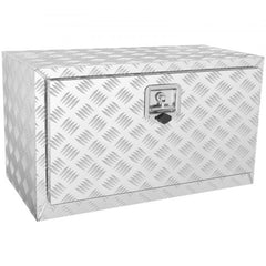 Silver diamond-plate aluminum underbody truck tool box, 30x14x16 inches, with recessed lock.