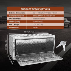 Aluminum underbody truck tool box, 36x14x16 inches, with lock and dimensions shown.