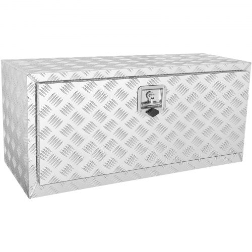 Silver aluminum underbody truck tool box with diamond tread pattern and lock, 36x17x18 inches.