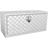 Silver aluminum underbody truck tool box with diamond tread pattern and lock, 36x17x18 inches.