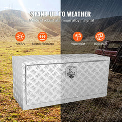 White aluminum underbody truck tool box with diamond tread, lock, and weatherproof features.