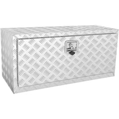 Silver diamond-plate aluminum underbody truck tool box, 36x17x18 inches, with recessed lock.