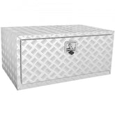 Bostome 36" aluminum underbody truck tool box with diamond plate design and lockable latch.