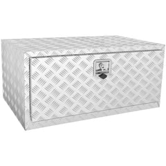 Aluminum underbody truck tool box with diamond plate design and lockable T-handle latch.