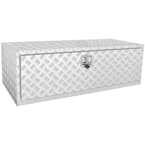 A white diamond-plate aluminum underbody truck tool box, 48x24x24 inches, with lockable T-handle.