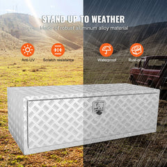 White aluminum underbody truck tool box, 48x24x24 inches, with lock and diamond plate pattern.