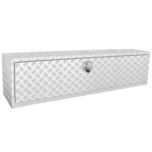White aluminum underbody truck tool box, 60x17x18 inches, with diamond tread pattern and lock.