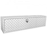 White aluminum underbody truck tool box, 60x17x18 inches, with diamond tread pattern and lock.