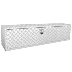 White aluminum underbody truck tool box, 60x17x18 inches, with diamond tread pattern and lock.