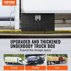 Aluminum underbody truck tool box with lockable design and rubber sealing for moisture protection.