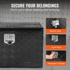 Aluminum underbody truck tool box with lockable design and rubber sealing for moisture protection.