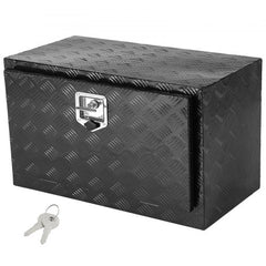 Aluminum underbody truck tool box with lockable handle and rust-proof sealing strips.