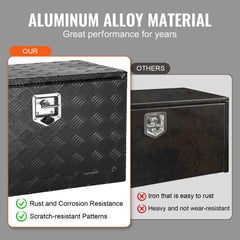 Aluminum underbody tool box with lockable handle and durable, rust-proof construction.