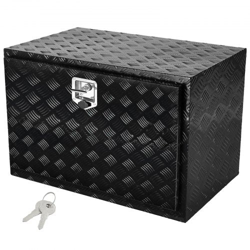 Black aluminum underbody truck tool box, 36x24x24 inches, with key lock and key.