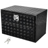 Black aluminum lockable underbody truck tool box with key, diamond-plate texture.