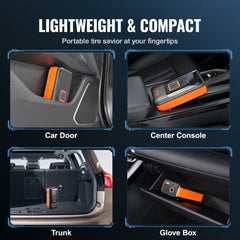 Compact orange portable tire inflator stored in car door pocket, center console, trunk, and glove box.