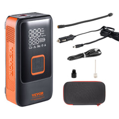 Orange and black Bostome portable tire inflator with digital display, hoses, and accessories.