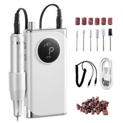 Cordless nail drill with LCD display, silver body, bits, and USB cable.