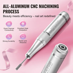 Silver cordless nail drill with LCD display, battery, and bits on pink background.