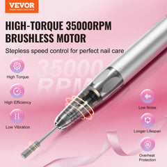 Cordless nail drill with a high-torque motor, LCD display, and complete kit for nail care.