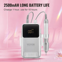 Cordless nail drill with a high-torque motor, LCD display, and complete kit for nail care.