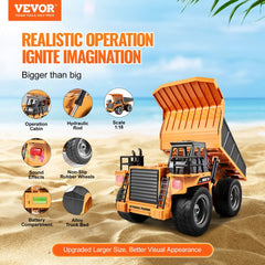 Orange 1:18 scale RC dump truck with 4WD, alloy bed, hydraulic lift, rubber tires, and sound effects.