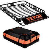 Heavy-duty steel roof rack cargo basket measuring 51"x36"x5" with waterproof bag included.