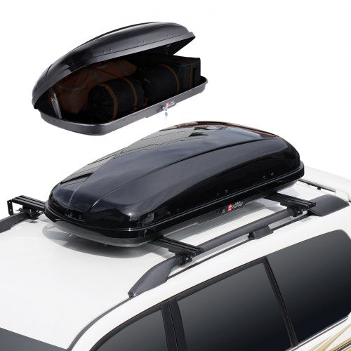 Bostome 14 cu.ft ABS rooftop cargo carrier with dual side opening and secure straps.