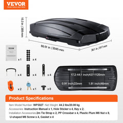 Black ABS rooftop cargo carrier with 18 cu ft capacity, dimensions, and mounting accessories.