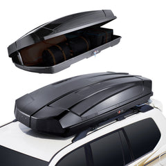 Black ABS rooftop cargo carrier with 18 cu ft capacity mounted on white SUV, shown open with straps and closed.
