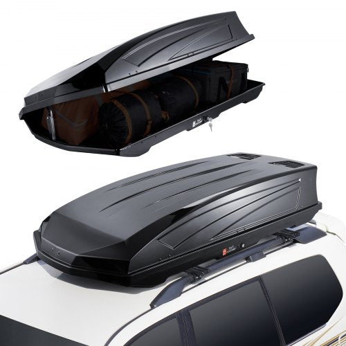 Bostome 22 Cu. Ft. ABS rooftop cargo carrier with dual openings and secure straps for storage.