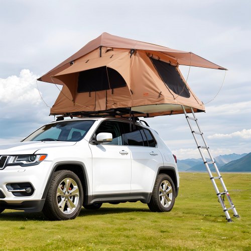 Hard shell rooftop tent for 2-3 people, waterproof with inflatable poles and adjustable ladder.
