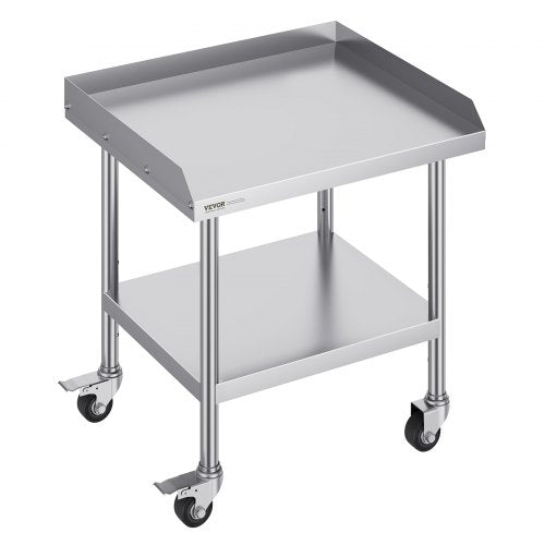Stainless steel work table with adjustable shelves and swivel casters for commercial kitchen use.