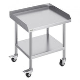 Stainless steel work table with adjustable shelves and swivel casters for commercial kitchen use.